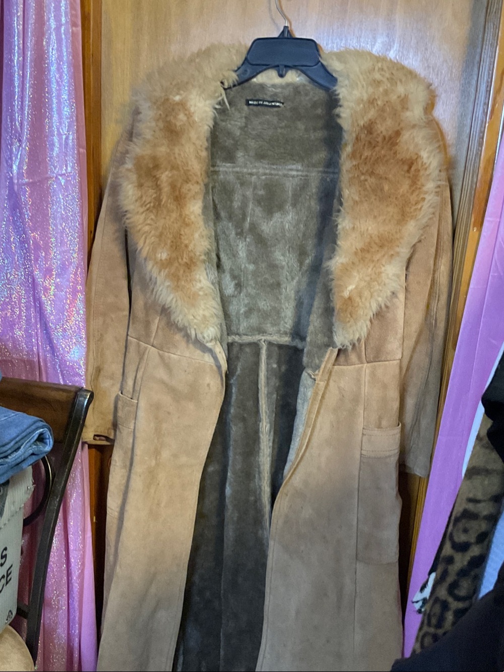 36 - Vintage Argentina  Suede Penny Lane Coat with Faux-Fur Collar